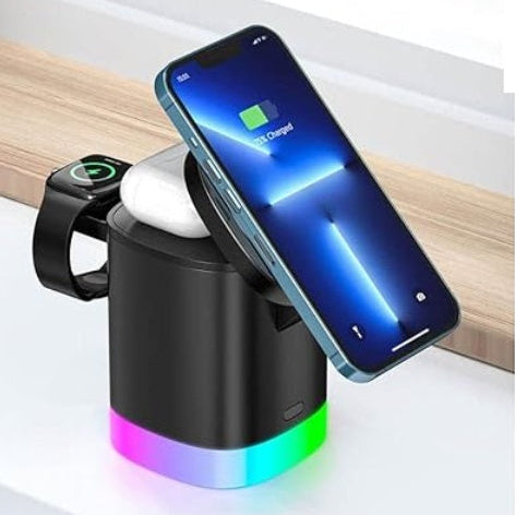 Multi-device charging station with smartphone, smartwatch, and wireless charger on a white surface.