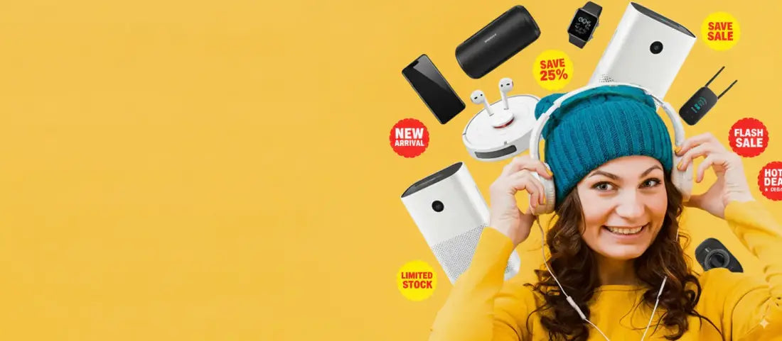 Woman wearing a blue beanie with electronic devices around her on a yellow background